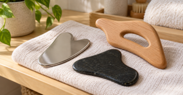 Generic metal, dark stone and wooden body massage tools arranged on a linen towel beside a plant