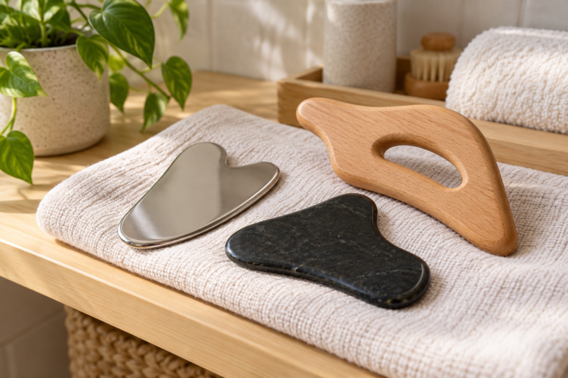 Generic metal, dark stone and wooden body massage tools arranged on a linen towel beside a plant