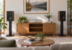 Two walnut bookshelf speakers on black stands beside a silver amplifier on a wooden console