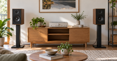 Two walnut bookshelf speakers on black stands beside a silver amplifier on a wooden console