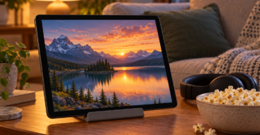 Generic tablet showing a mountain lake beside headphones and popcorn on a living-room table