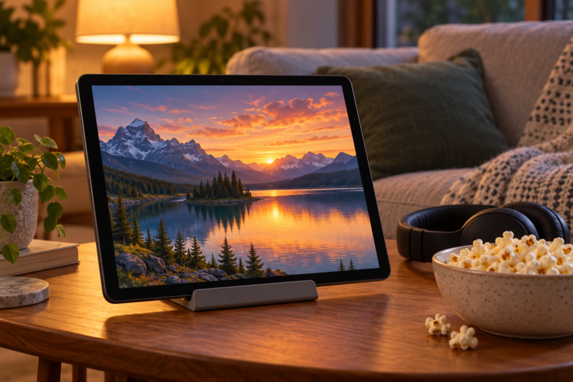 Generic tablet showing a mountain lake beside headphones and popcorn on a living-room table