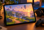 Tablet showing a colorful fantasy landscape on a desk beside a black controller and headphones