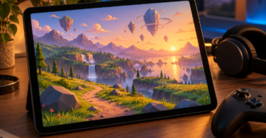 Tablet showing a colorful fantasy landscape on a desk beside a black controller and headphones