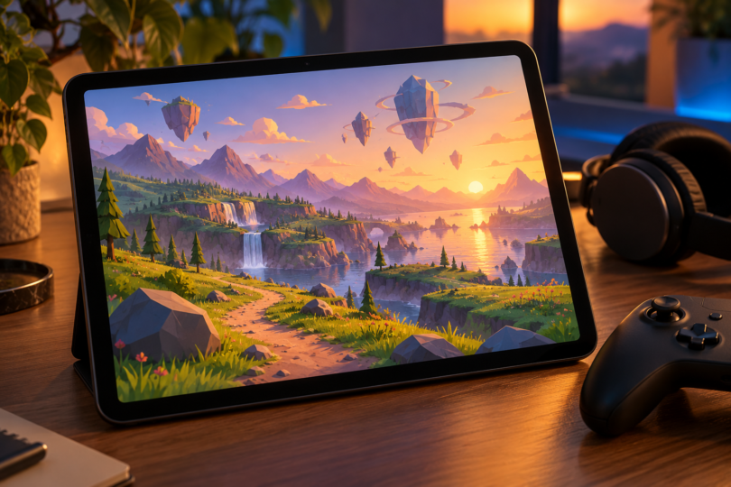 Tablet showing a colorful fantasy landscape on a desk beside a black controller and headphones