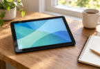 Black tablet with a blue and green abstract screen beside a notebook and mug on a wooden desk