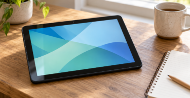 Black tablet with a blue and green abstract screen beside a notebook and mug on a wooden desk