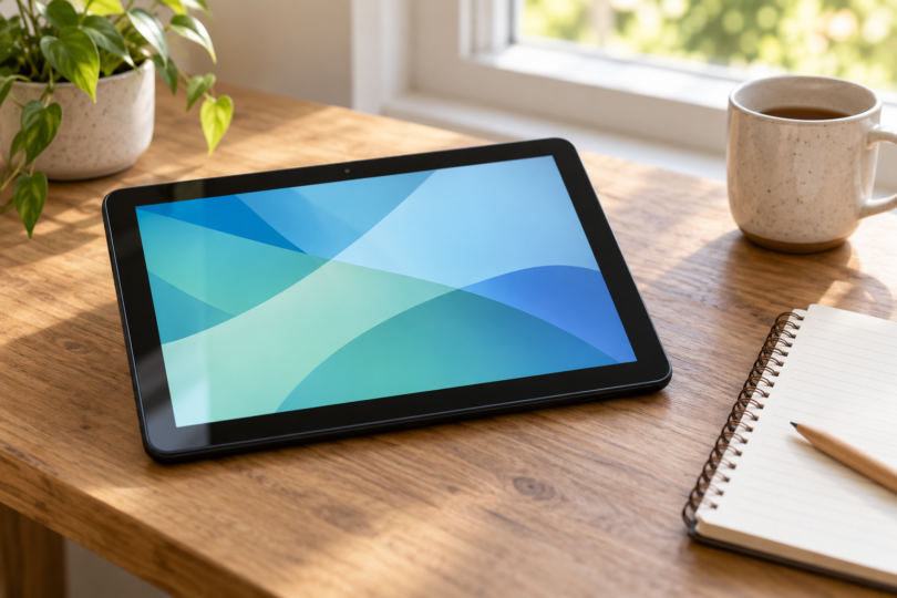 Black tablet with a blue and green abstract screen beside a notebook and mug on a wooden desk