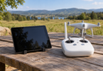 Unbranded tablet in a separate stand beside a white radio controller and a quadcopter without propellers on an outdoor wooden table