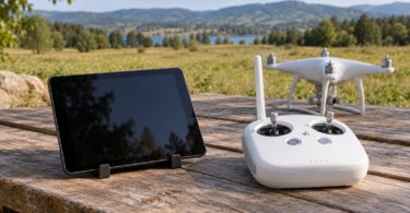 Unbranded tablet in a separate stand beside a white radio controller and a quadcopter without propellers on an outdoor wooden table