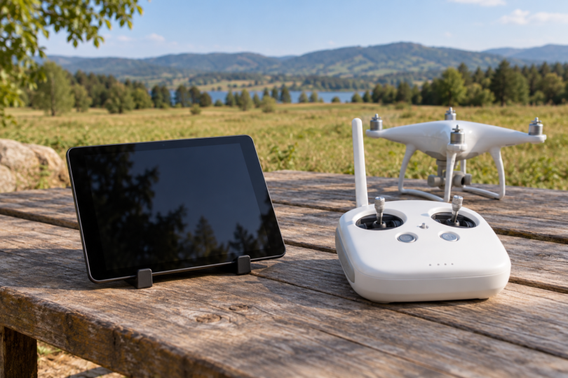 Unbranded tablet in a separate stand beside a white radio controller and a quadcopter without propellers on an outdoor wooden table