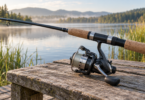 Unbranded spinning reel beneath a cork-handled fishing rod on a wooden bench beside a lake