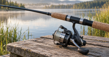Unbranded spinning reel beneath a cork-handled fishing rod on a wooden bench beside a lake