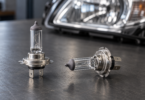 Two clear halogen bulbs with metal bases on a dark workbench in front of a blurred car headlamp