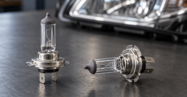 Two clear halogen bulbs with metal bases on a dark workbench in front of a blurred car headlamp