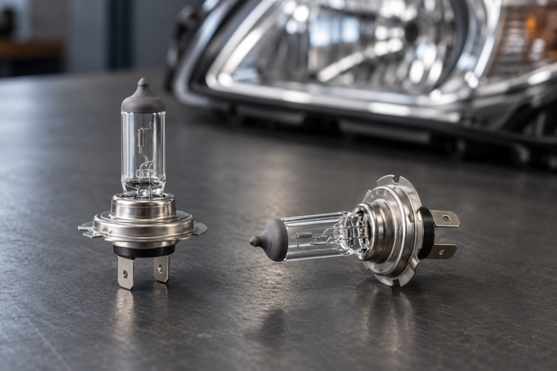 Two clear halogen bulbs with metal bases on a dark workbench in front of a blurred car headlamp