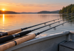 Three fishing rods with cork and dark grips resting along a boat’s side on a lake at sunrise