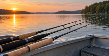 Three fishing rods with cork and dark grips resting along a boat’s side on a lake at sunrise