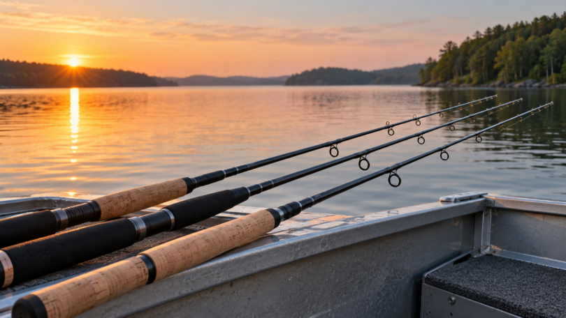 Three fishing rods with cork and dark grips resting along a boat’s side on a lake at sunrise