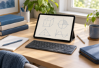 Unbranded tablet showing geometric sketches beside a keyboard, stylus, notebook and textbooks