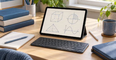 Unbranded tablet showing geometric sketches beside a keyboard, stylus, notebook and textbooks