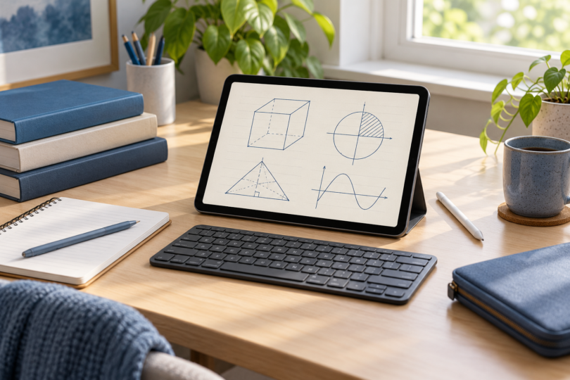 Unbranded tablet showing geometric sketches beside a keyboard, stylus, notebook and textbooks