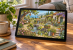 Unbranded tablet displaying a detailed garden illustration on a wooden table beside a mug and plant
