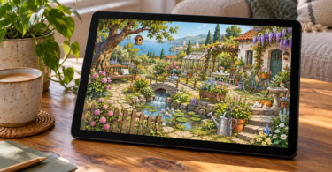Unbranded tablet displaying a detailed garden illustration on a wooden table beside a mug and plant