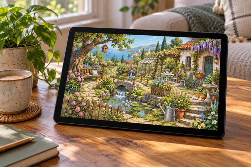 Unbranded tablet displaying a detailed garden illustration on a wooden table beside a mug and plant