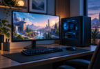 Illustration of a generic gaming desktop beside a monitor showing a stylized game landscape