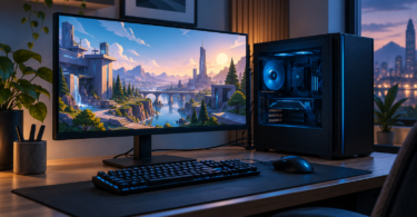 Illustration of a generic gaming desktop beside a monitor showing a stylized game landscape