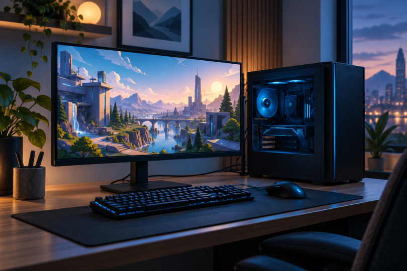 Illustration of a generic gaming desktop beside a monitor showing a stylized game landscape