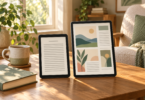 Illustration of two generic tablets showing abstract book text and illustrated pages on a wooden reading table