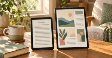 Illustration of two generic tablets showing abstract book text and illustrated pages on a wooden reading table