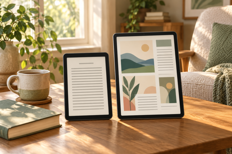 Illustration of two generic tablets showing abstract book text and illustrated pages on a wooden reading table