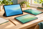 Illustration of three generic tablets with blue and green screens on a wooden desk beside a notebook and pencil