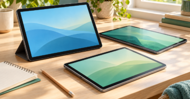 Illustration of three generic tablets with blue and green screens on a wooden desk beside a notebook and pencil