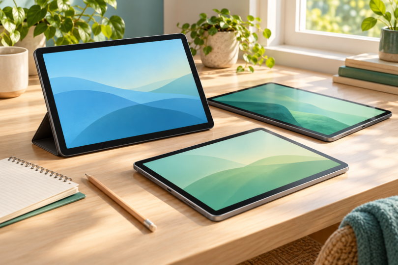 Illustration of three generic tablets with blue and green screens on a wooden desk beside a notebook and pencil