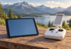 Illustration of a generic tablet with a blank blue screen beside a white drone controller on an outdoor wooden table
