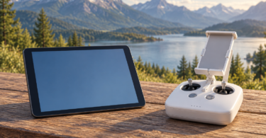 Illustration of a generic tablet with a blank blue screen beside a white drone controller on an outdoor wooden table