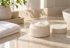 An open unbranded jar of white face cream with its lid and a folded towel on a sunlit stone bathroom counter