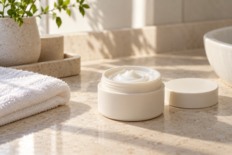 An open unbranded jar of white face cream with its lid and a folded towel on a sunlit stone bathroom counter