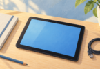 Illustration of an unbranded tablet with a blank blue screen beside a notebook, pencil and USB charging cable