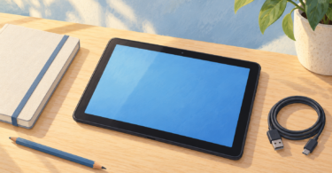 Illustration of an unbranded tablet with a blank blue screen beside a notebook, pencil and USB charging cable