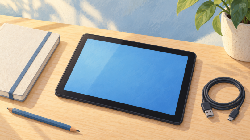 Illustration of an unbranded tablet with a blank blue screen beside a notebook, pencil and USB charging cable
