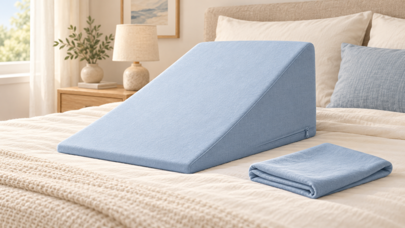 Illustration of a pale blue zippered cover on a triangular bed wedge with a folded spare cover on a bed