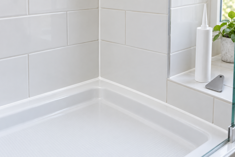 White tiled shower corner with a neat white joint beside a plain white cartridge and gray smoothing tool