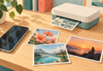 Illustration of a smartphone, generic compact photo printer and small prints of flowers, a mountain lake and a sunset on a wooden desk