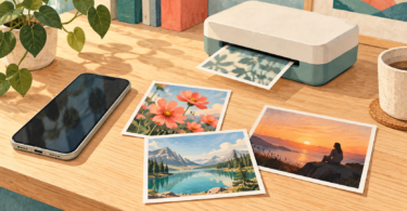 Illustration of a smartphone, generic compact photo printer and small prints of flowers, a mountain lake and a sunset on a wooden desk