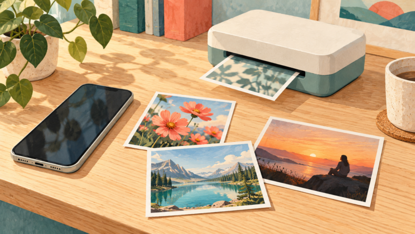 Illustration of a smartphone, generic compact photo printer and small prints of flowers, a mountain lake and a sunset on a wooden desk